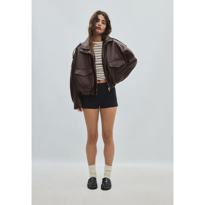 Stradivarius Oversized jack met leereffect  Bruin L