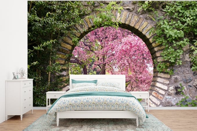 Behang - Fotobehang Doorkijk - Sakura - Bloesem - Japans - Breedte 295 cm x hoogte 220 cm