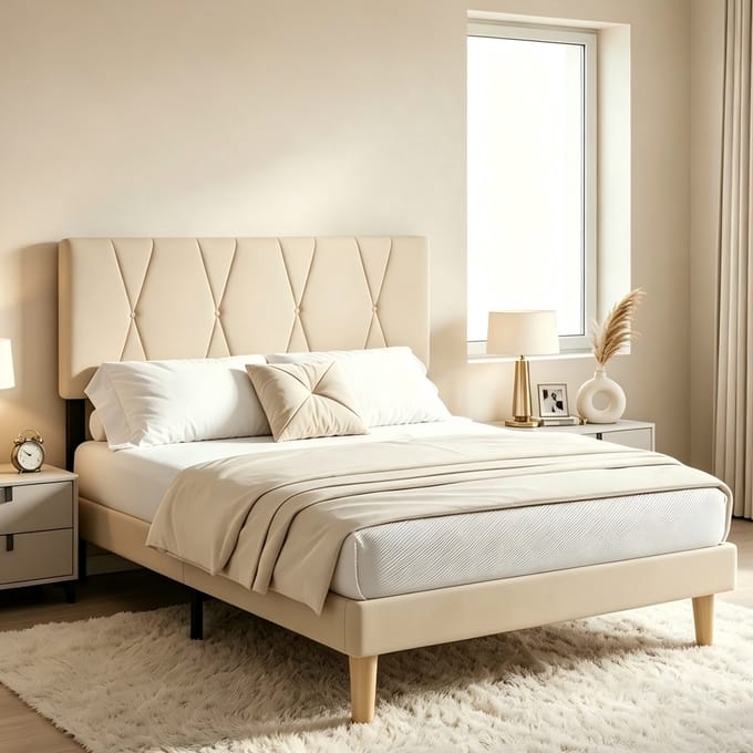 Bealife BF55 Bedframe - 140 x 200 cm - Verstelbaar Hoofdbord en Lattenbodem - Beige