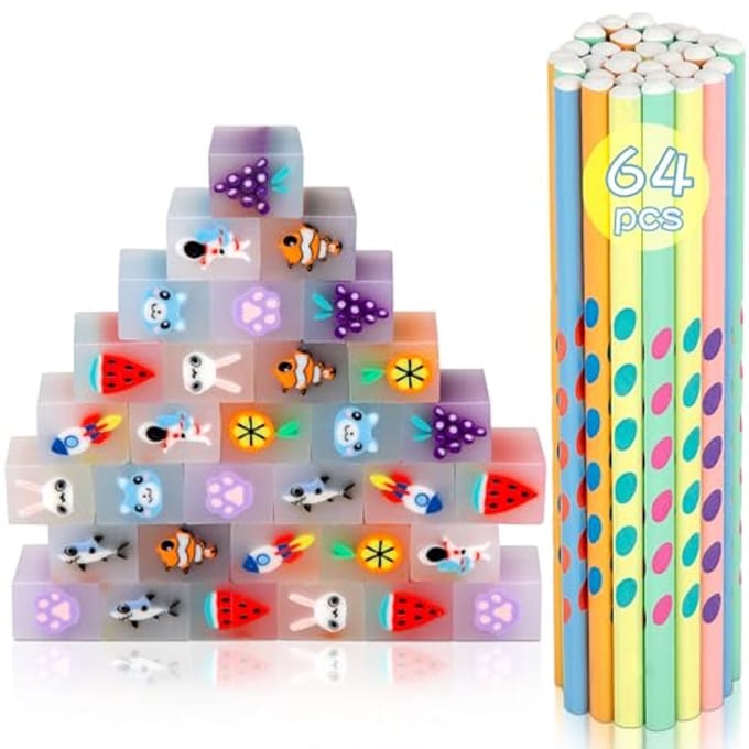 SnelShoppen - 64 Potloden met Gum voor Kinderen, 32 Grappige Gummen + 32 Kleurrijke Potloden, Perfect Cadeautje voor Kinderverjaardag, Leuke Schoolspu