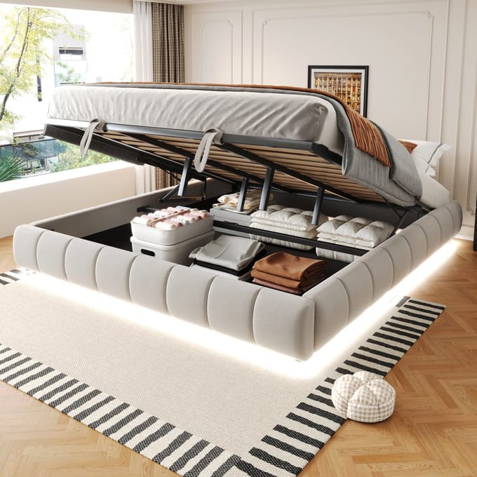 Gestoffeerd Bed - 180x200 cm - Zwevend Design met Hydraulische Opbergruimte - Beige