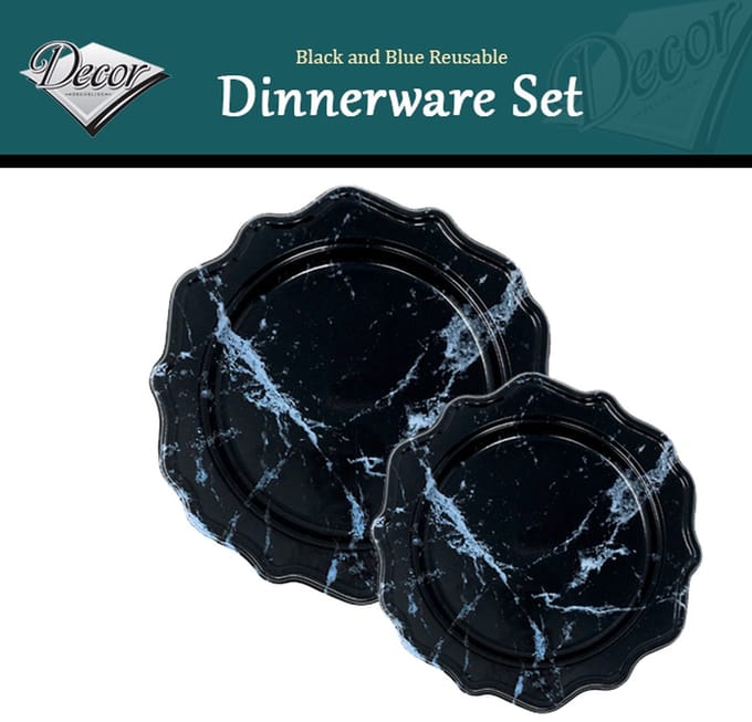 Decorline-Luxe Part Serviesset Zwart/Blauw Marmer-48 stuks-Kunstof