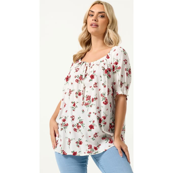 Yours Witte Top Met Bloemenprint En Strik Aan De Hals Size 48