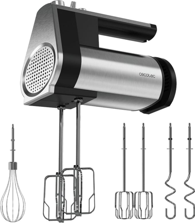 Cecotec Handrührgerät PowerTwist 500 Full Steel. 500 W, 5 Geschwindigkeiten plus Turbofunktion, 3 Zubehörteile: Schneebesen, Rührhaken und Knethaken, ergonomisches Design
