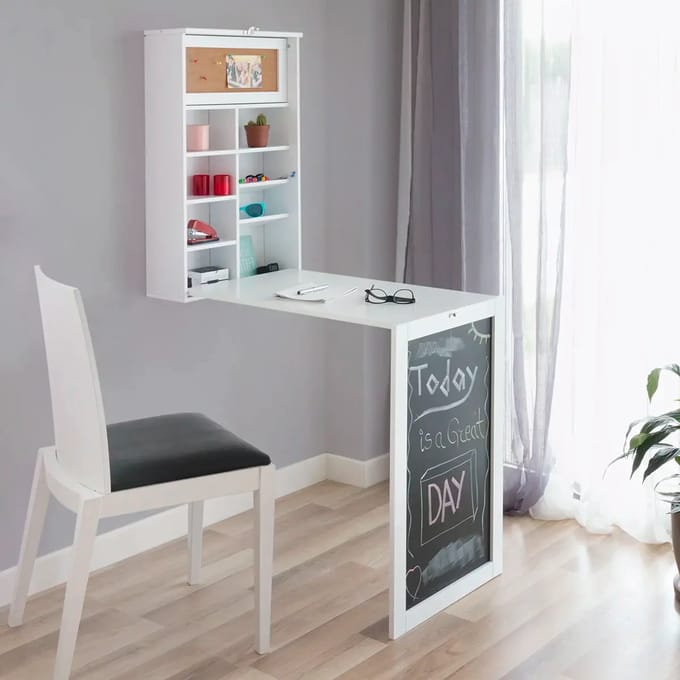 InnovaGoods® Woldy inklapbare wandtafel, bureau, bureau met schoolbord en plank, multifunctionele inklapbare tafel om aan te werken en ruimte te besparen.