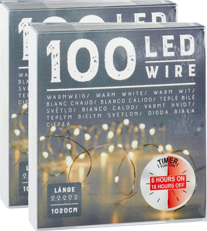 Draadverlichting lichtsnoer - 2x - 100 cm - 100 leds - warm wit - batterij - timer - kerstverlichting