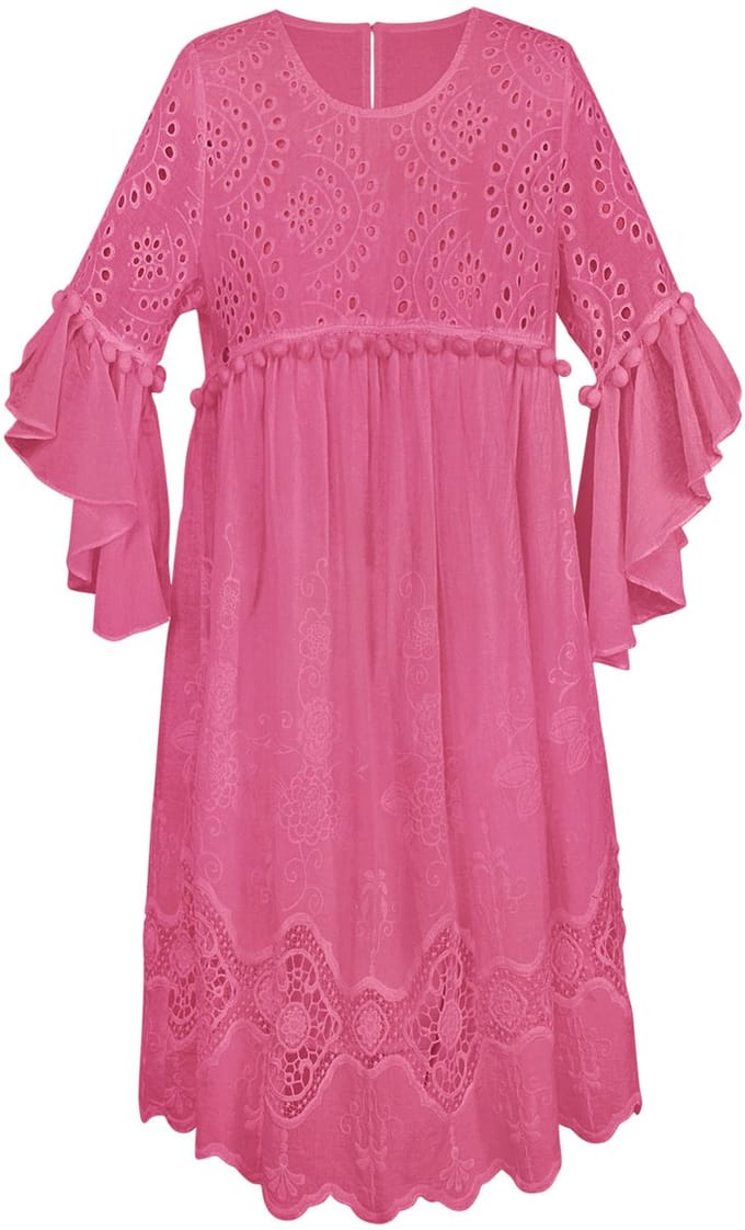 YWG - Cotton Vrouwen Mini Jurk Geborduurde Ruches Mouw - Maat M