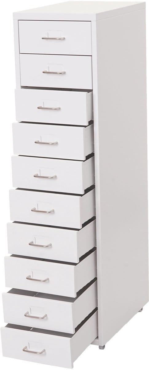 Trolley kast Boston T851, stalen ladekast, 110x28x41cm 10 laden ~ wit