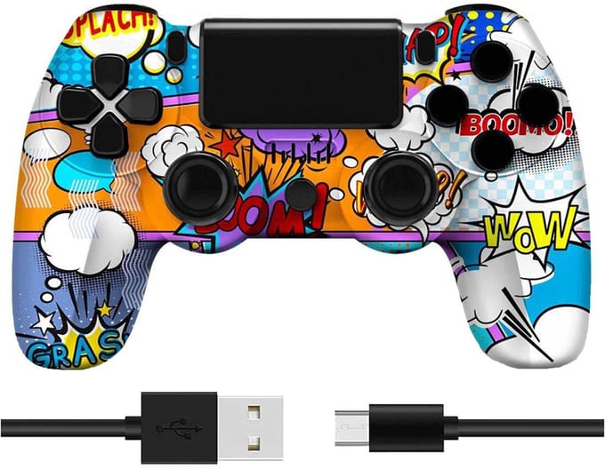 NAXSIR Draadloze PS4 Controller met Opvallend Comic Design – Bluetooth Gamepad met Explosieve Kleuren, Micro-USB Aansluiting, Oplaadbare Batterij​