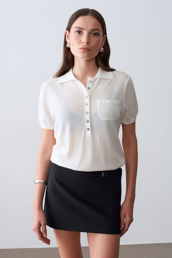 Slim Fit Polo Kraag Gebreide Blouse