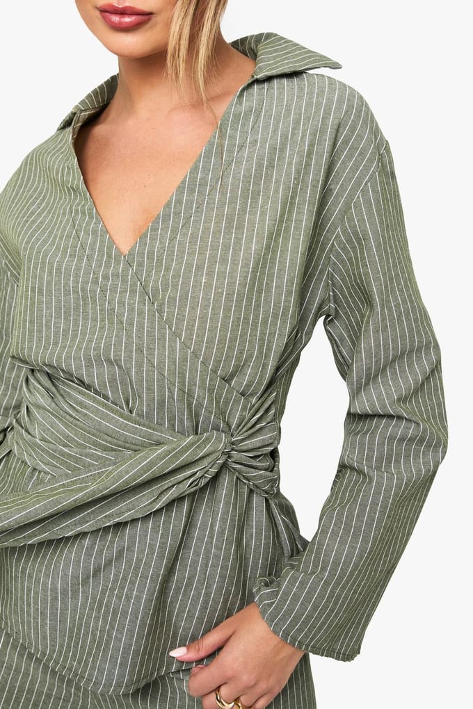 boohoo Dames Gestreepte wrap tie blouse | Olive | Maat: 6