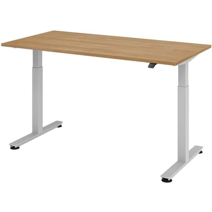 Ulm bureau, elektrisch in hoogte verstelbaar, T-basis, B 1600 mm, notenhouten afwerking