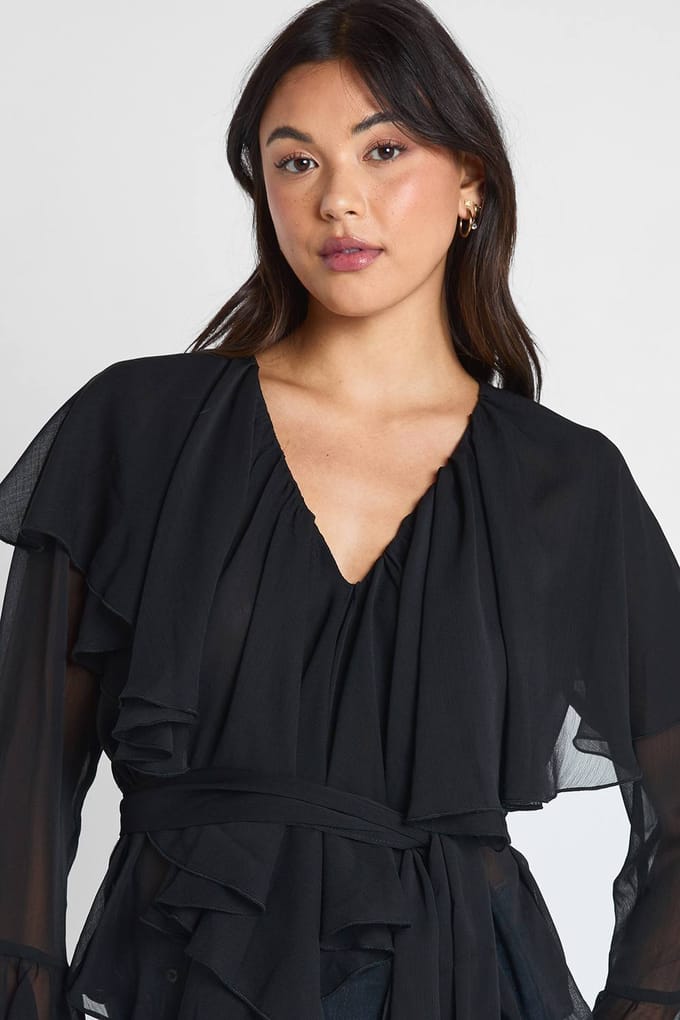 boohoo Dames Chiffon Bloes met ruches en strik in de taille | Black | Maat: 6