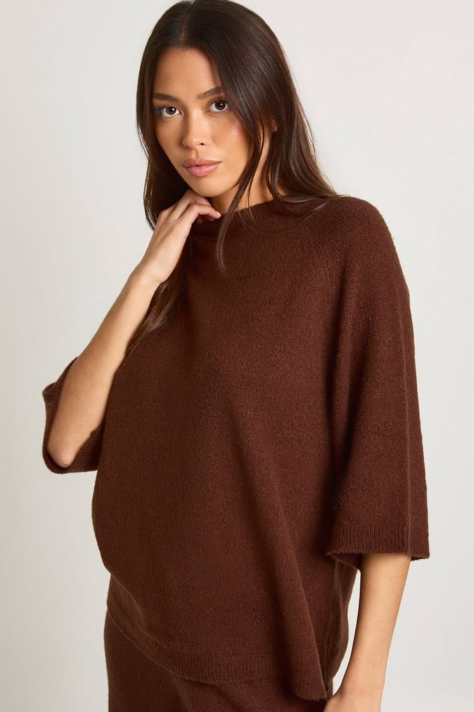 boohoo Dames Top met korte mouwen en broek gebreide co-ord | Chocolate | Maat: Medium