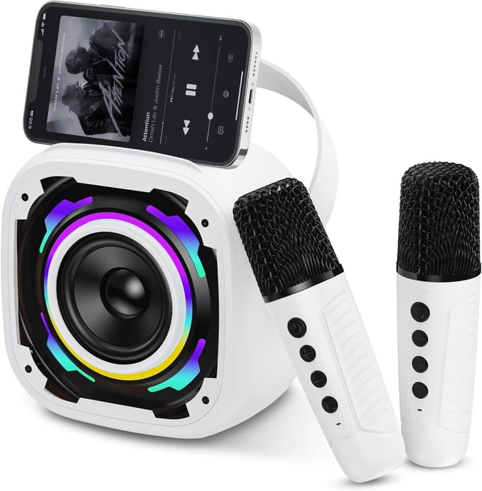 Draadloze Bluetooth Karaokemicrofoon Luidspreker Wit - Dynamisch Licht, Telefoonhouder, Spraakvervormer - 2 Microfoons