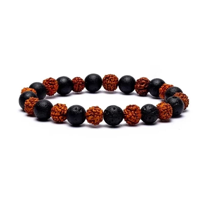 Armband van rudraksha-zaden en lavasteen, elastisch