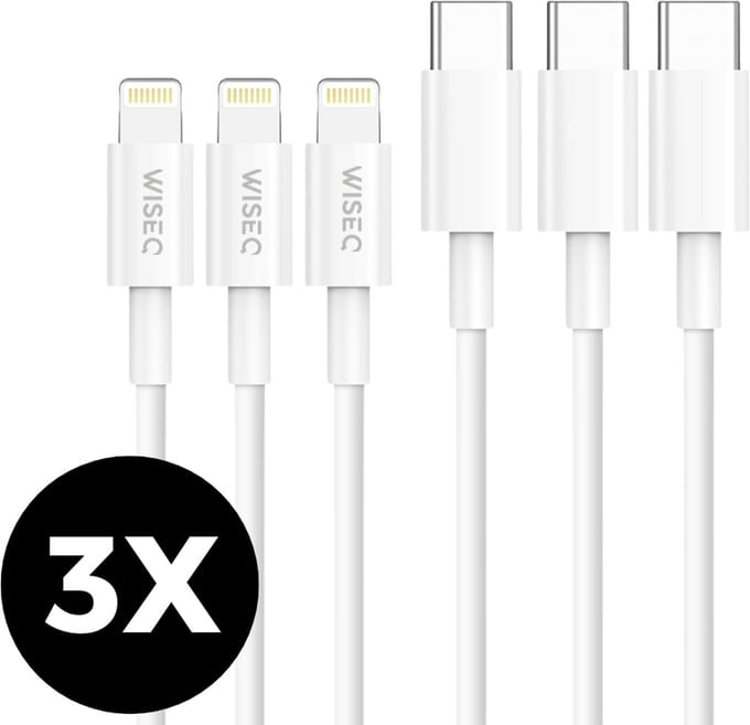 USB C naar Lightning kabel 1 meter – USB C snellaadkabel – set van 3 – wit – geschikt voor iPhone en iPad – WiseQ