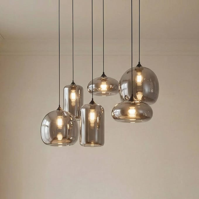 Lindby hanglamp Marla, 6-lamps, glas, rookgrijs