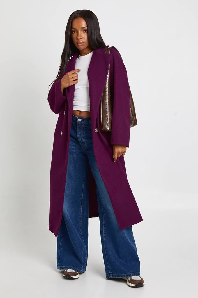 boohoo Dames Dubbelgeknoopte lange jas | Plum | Maat: 10