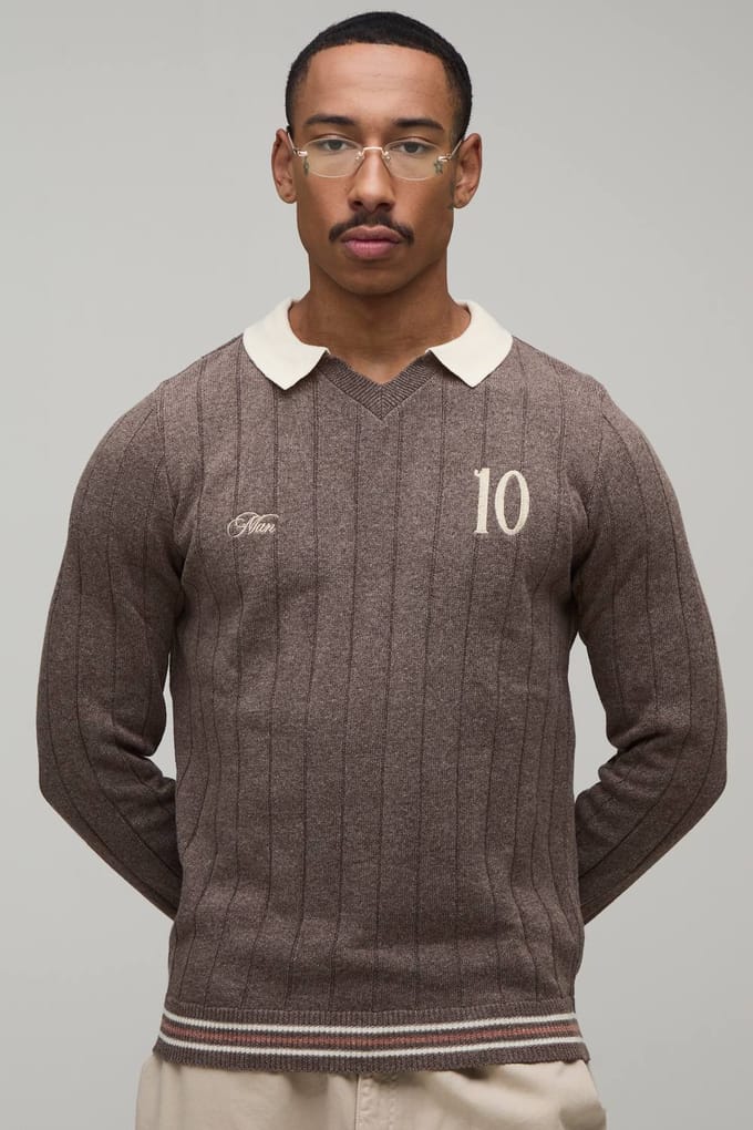Regular Fit V Neck Ribbed Knitted Polo T-Shirt | Brown | Size Small