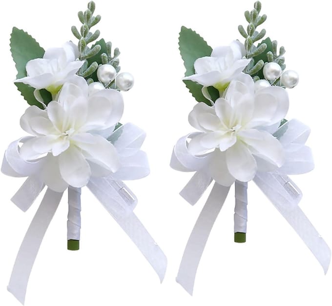 Rozen Corsage - Bruiloft Accessoires - Feestelijke Aankleding - Met Parels Bladeren - 9x14cm - Wit