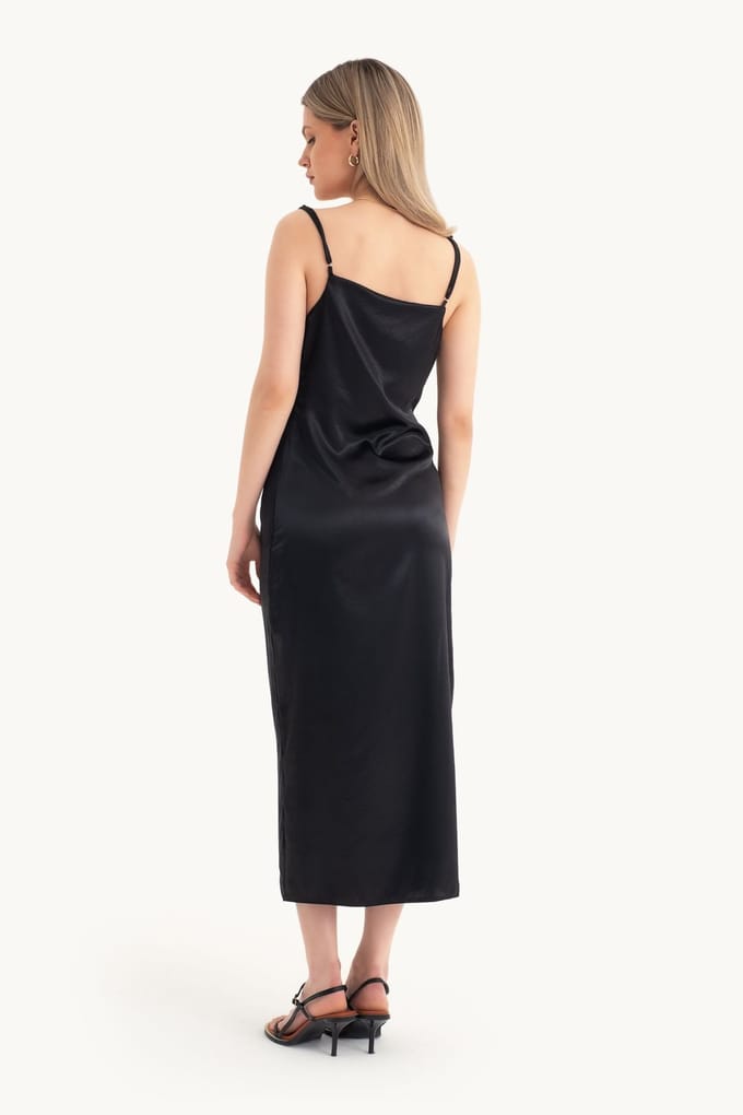 Satin Cowl Neck Spaghettiband Split Maxi Jurk
