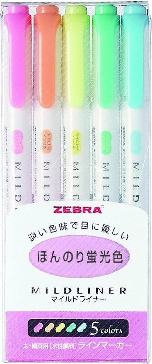 Zebra Mildliner Set : mild en fluoriserend - Dubbele stift - 5 stuks - Bullet journal – Stift