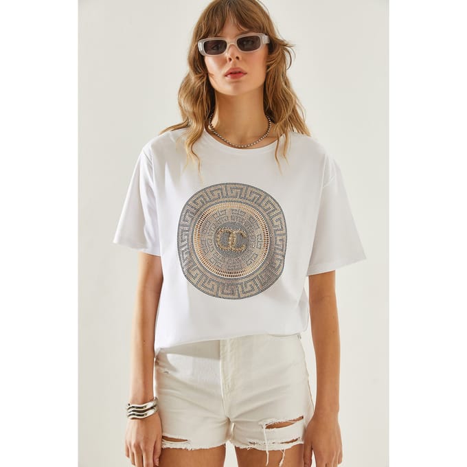 Geborduurde Geprinte Ronde Hals T-shirt