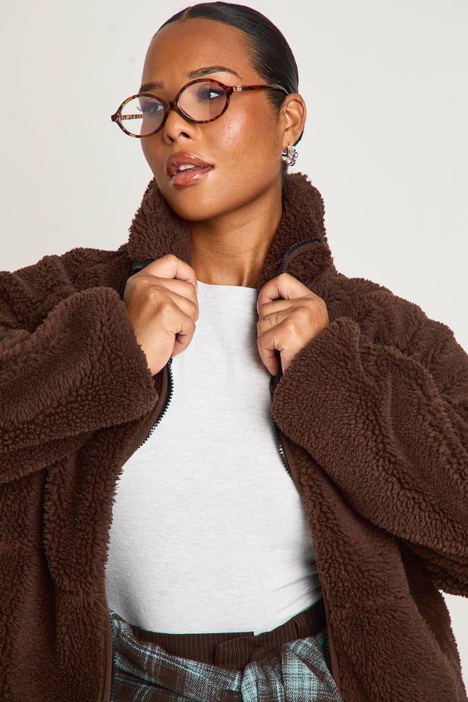boohoo Dames Plus ritssluiting Teddy-jasje | Chocolate | Maat: 16