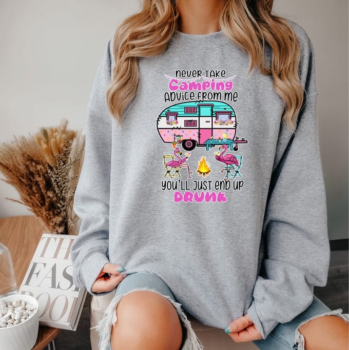 Grijze dames sweater Maat S- Camping sweater- Grijze sweater- Opdruk camping.