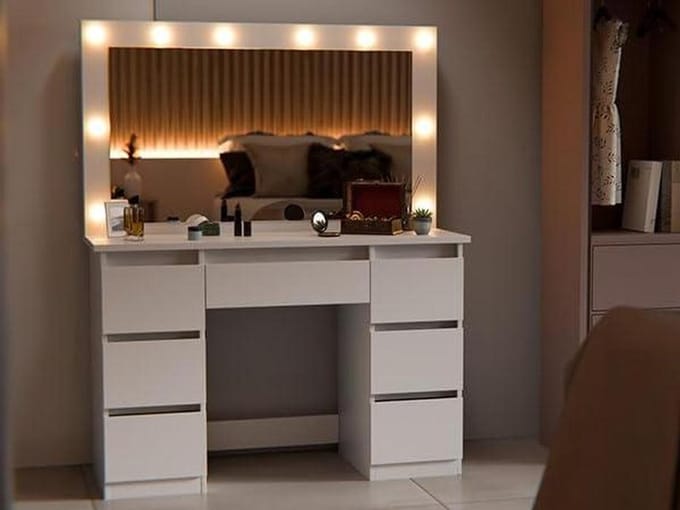 Make-uptafel met spiegel - Kaptafel bureau - Make-up aanbrengen - Individueel licht - 108 cm breed - Wit