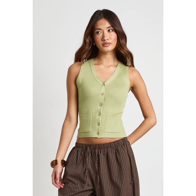 boohoo Dames Geribbeld Gebreid Gilet | Sage | Maat: Large
