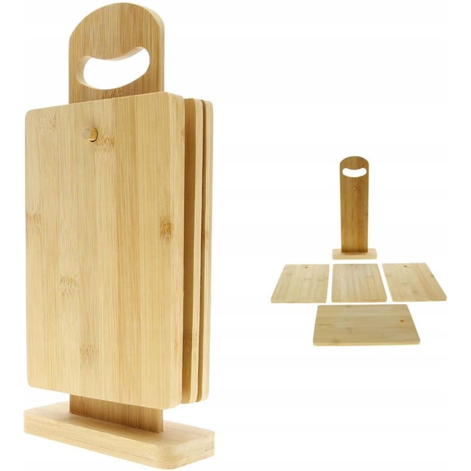 Planches à Découper Set de 4 Planches de Cuisine en Bambou + Support en Bois