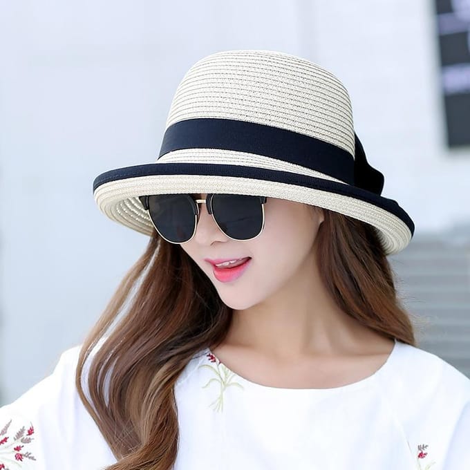 Chapeau de paille d'été pour femme tout match chapeau de soleil pliable chapeau de plage adjustable kaki