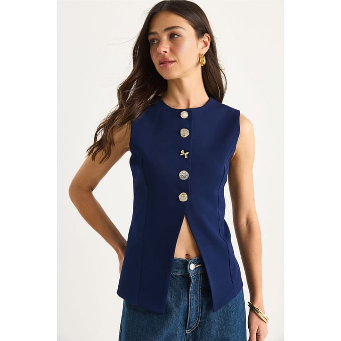 Aansluitende Mouwloze Blazer met Knopen en Ronde Hals