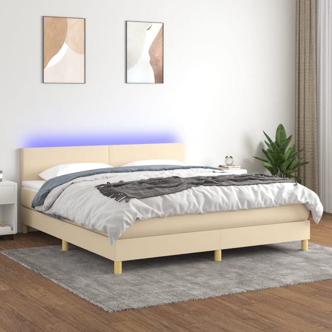 vidaXL - Boxspring - met - matras - en - LED - stof - crèmekleurig - 180x200 - cm