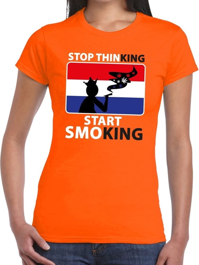 Stop thinking start smoking t-shirt / shirt oranje dames - Koningsdag kleding S