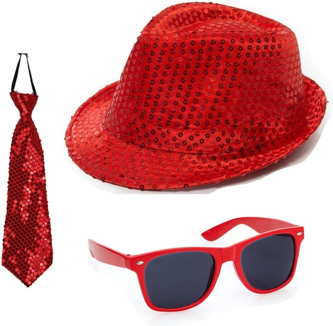 Folat - Verkleedkleding set - Glitter hoed/stropdas/party bril rood
