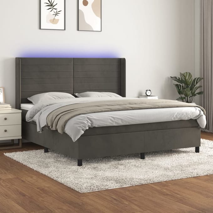 vidaXL - Boxspring - met - matras - en - LED - fluweel - donkergrijs - 160x200 - cm