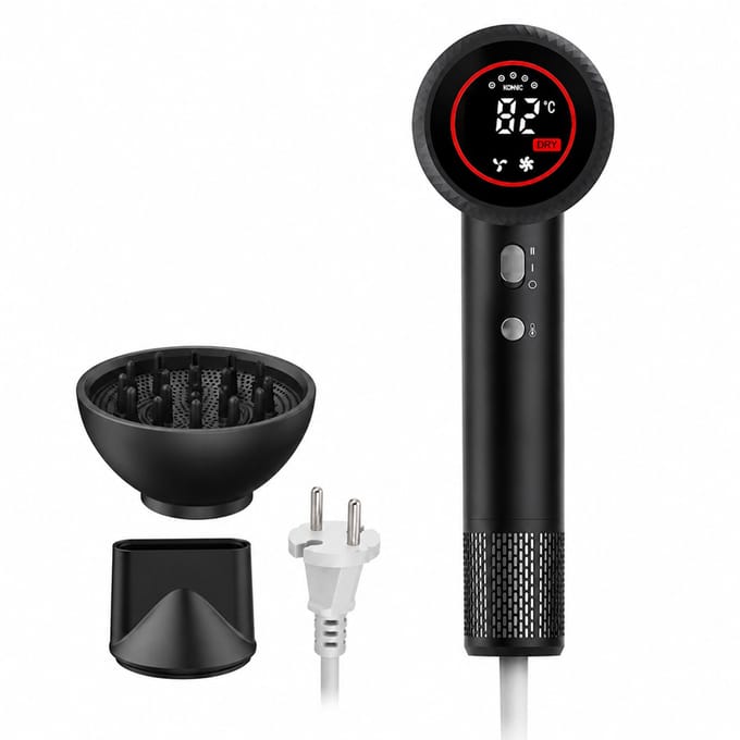 Snelle haardroger zonder bladen - 1600 W - digitaal display - diepzwart met diffusorkap
