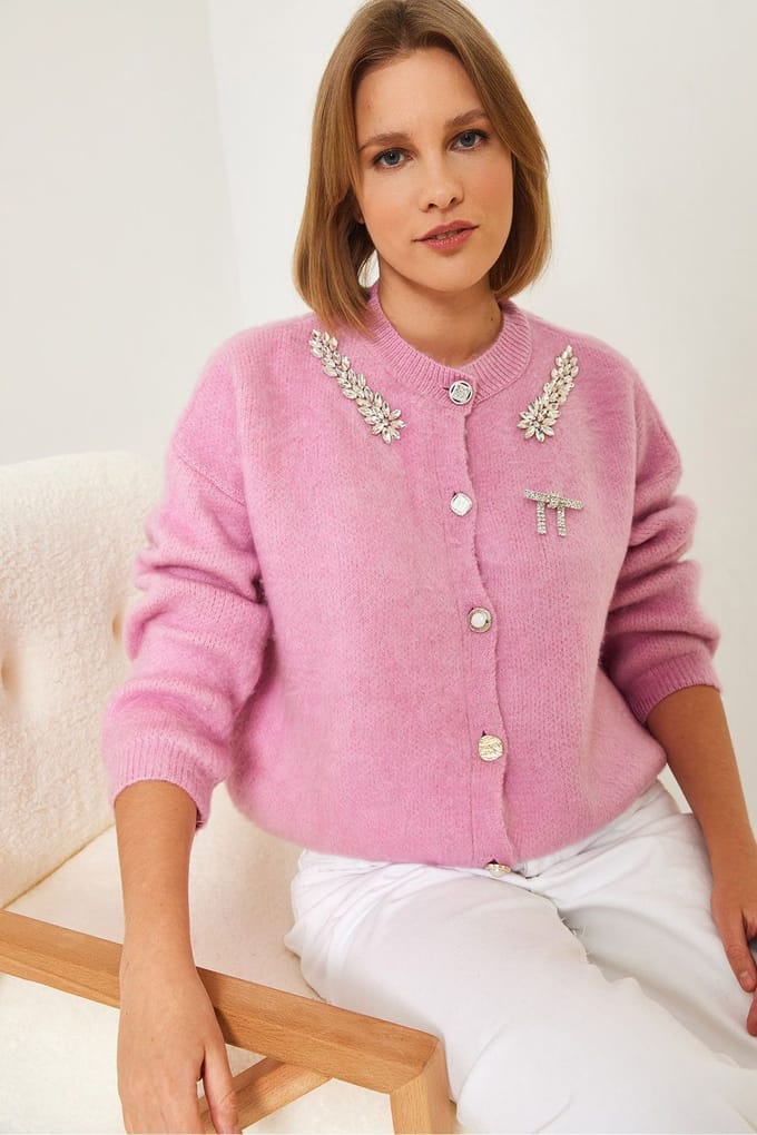 Versierde Ronde Hals Lange Mouw Cardigan
