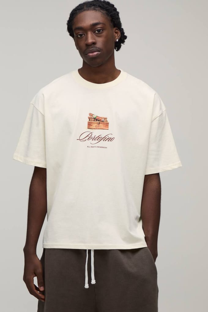 Ecru Oversized Boxy T-shirt Met Portofino Print | Size Large