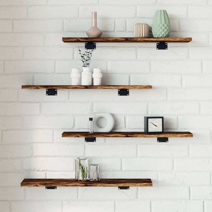 vidaXL - Wandschappen - 4 - st - 60x10x1,5 - cm - bewerkt - hout - gerookt - eikenkleur