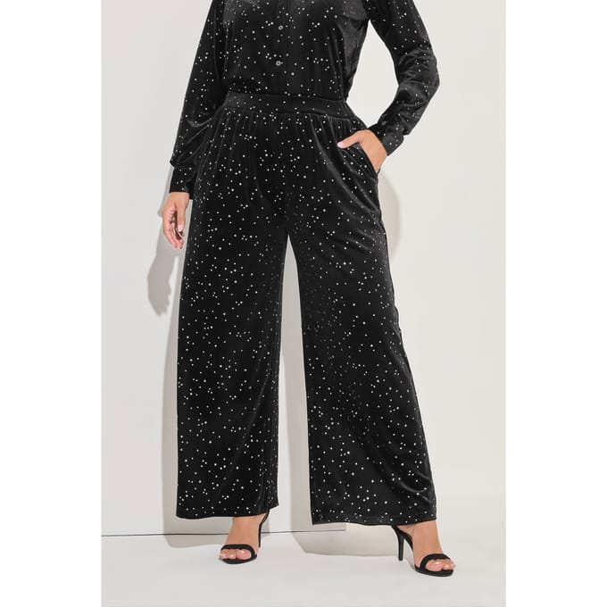 Yours Black Star Velours Broek Met Wijde Pijpen Size 42