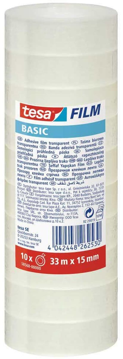 Tesa Basic - Transparante Kantoorband - 33m x 15mm - 10 stuks