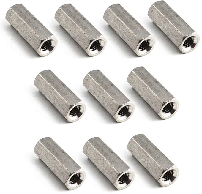 M8x13x20 Lange Hex Coupling Moer van RVS - Koppelingselement voor Rond Staal - Verpakking van 10 Stuks
