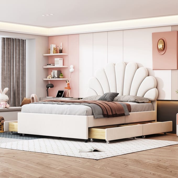 Wishdor Gestoffeerd Bed 140x200 cm - Bloemvormig Hoofdbord - Inclusief 4 Opberglades - Romantisch & Functioneel - Fluweel - Beige