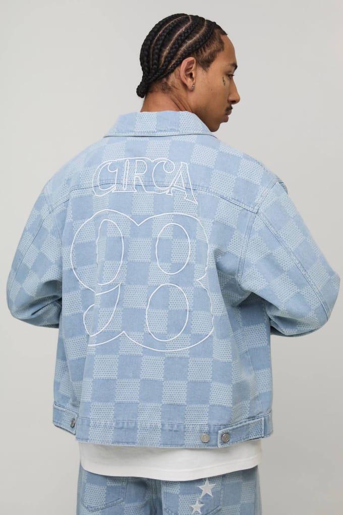 Regular Fit Checkerboard Jacquard Embroidered Denim Jacket | Light Blue | Size Medium