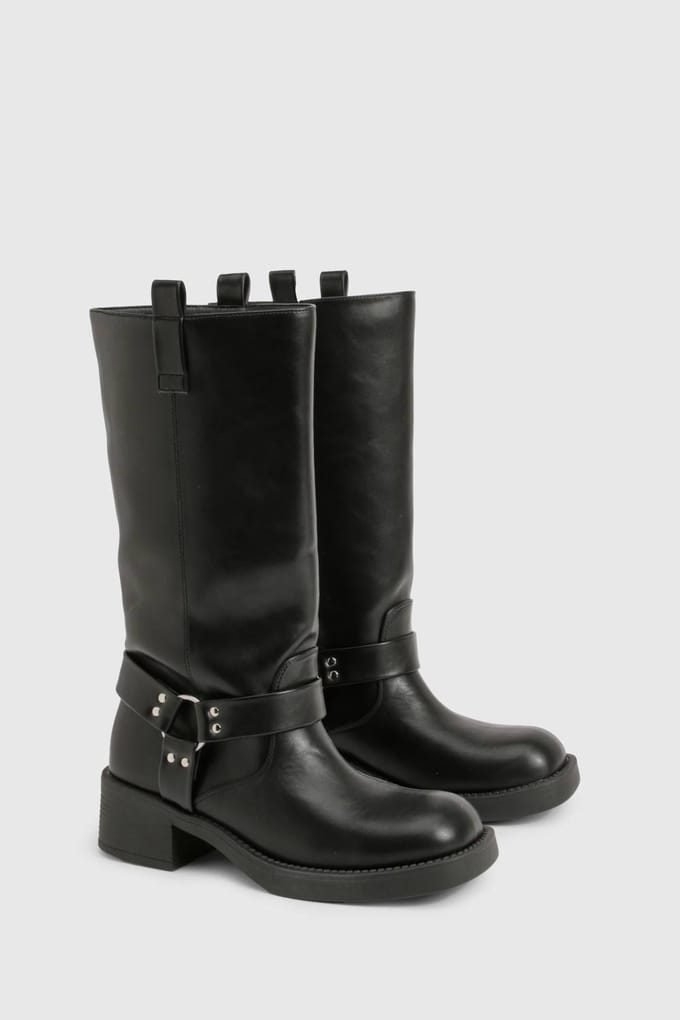 boohoo Dames D Ring Clean Calf Bikerlaarzen | Black | Maat: 3