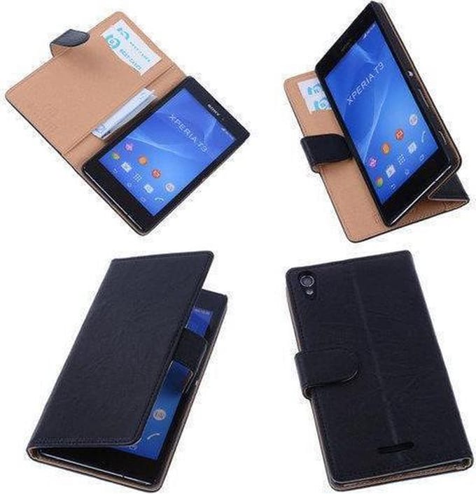 BestCases Zwart Sony Xperia T3 Stand Echt Lederen Booktype Hoesje